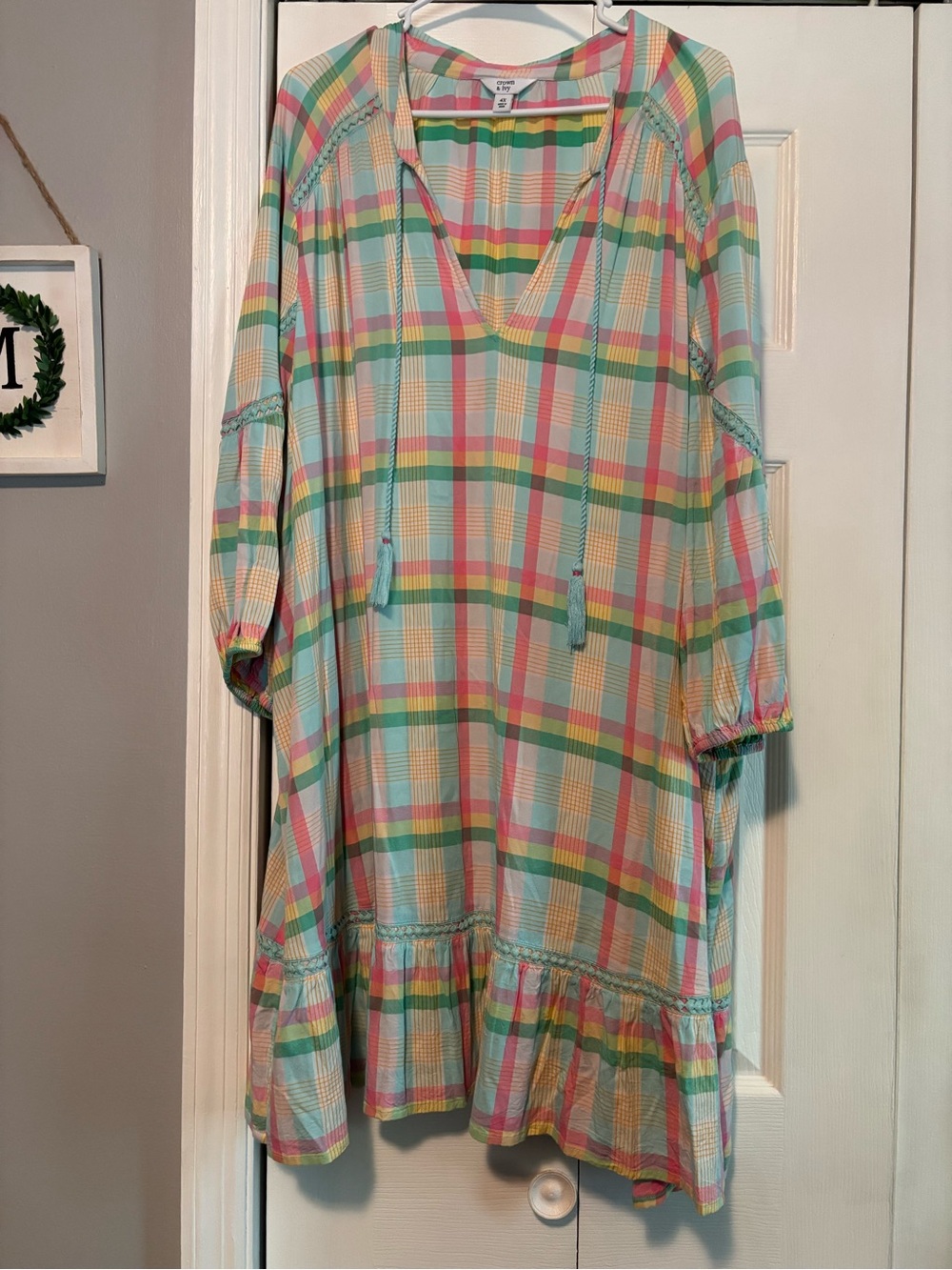 crown & ivy Pastel Plaid Midi Dress in Mint, Pink & Yellow